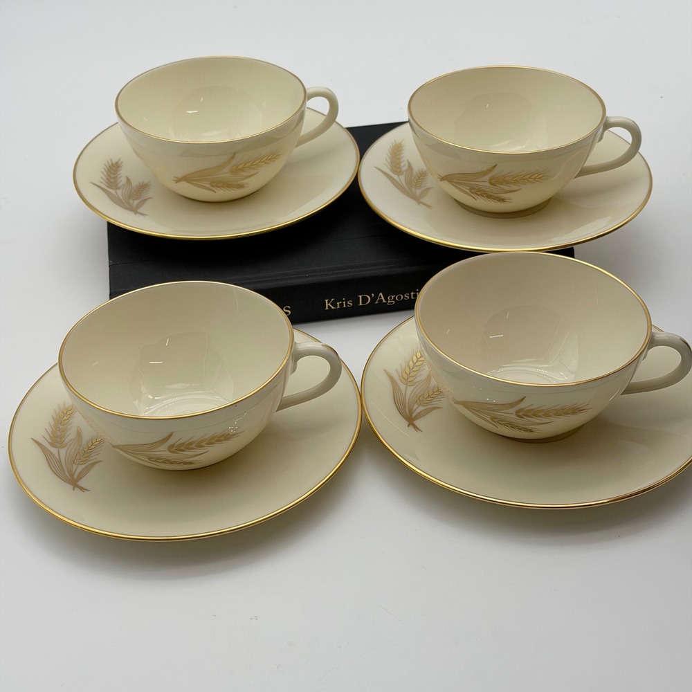 Vintage Lenox Wheat Gold Trim Tea Cup and Saucer R442 Set of 4 Fall Thanksgiving